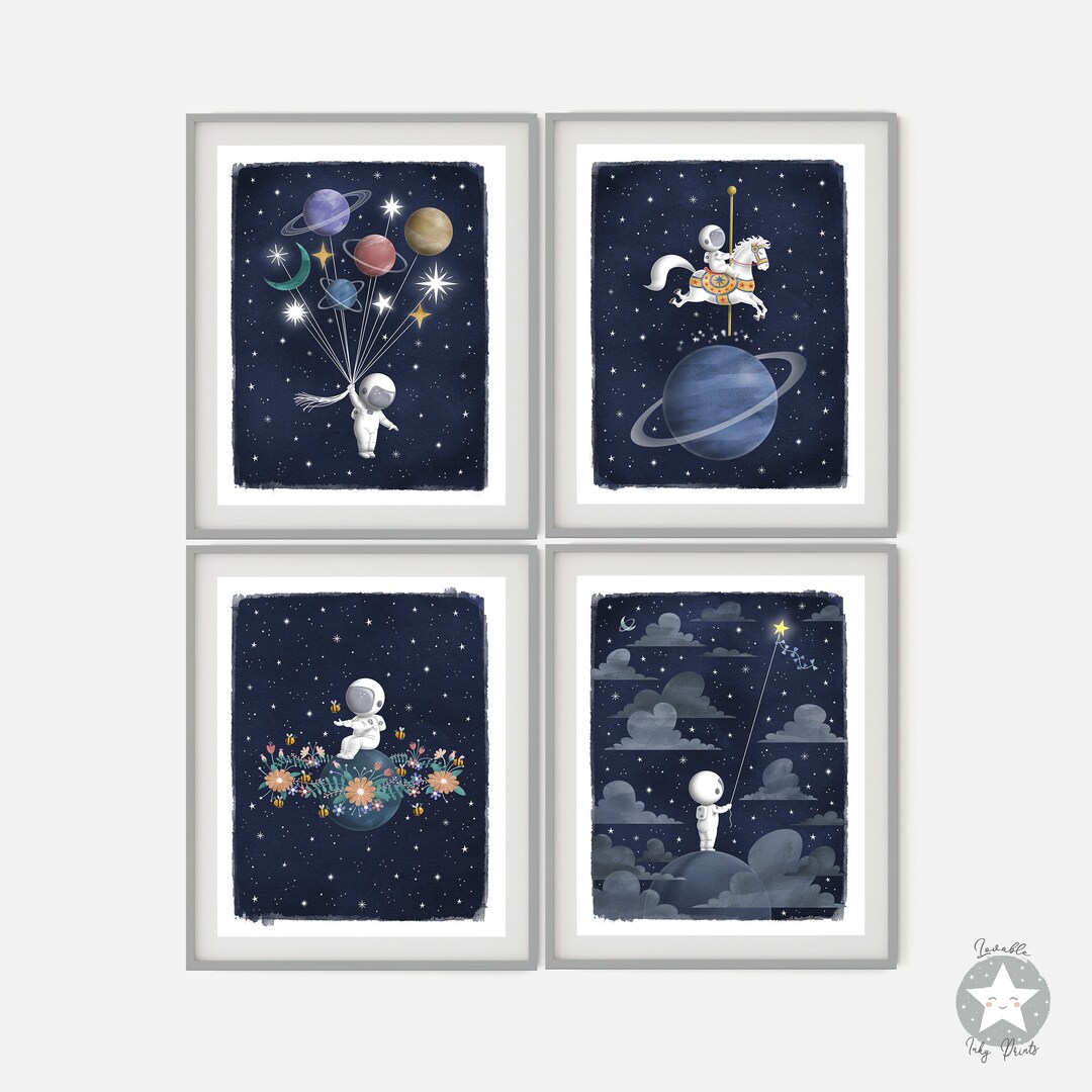 Set of 4 Astronaut Space Themed Nursery Decor Prints, Moon and Stars ...