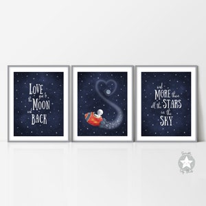 Conjunto de 3 impresiones de decoración de guardería con temática espacial de astronauta, arte de pared imprimible con cohetes espaciales, luna azul marino y estrellas, obras de arte de la habitación para niños
