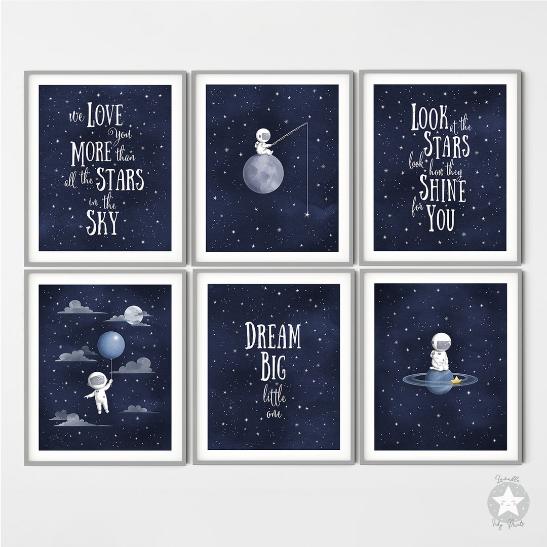 Set of 6 Astronaut Space Nursery Decor Prints, Moon and Stars Themed ...