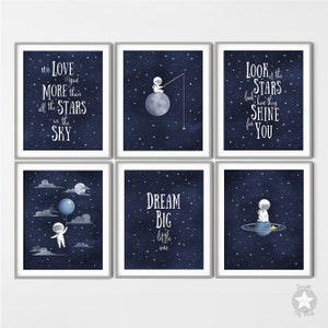 Set of 6 astronaut space nursery decor prints, moon and stars themed nursery, navy blue starry night wall art, inspirational baby quotes