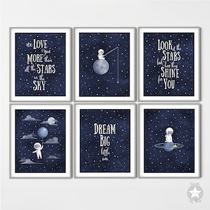 Set of 6 astronaut space nursery decor prints, moon and stars themed nursery, navy blue starry night wall art, inspirational baby quotes