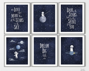 Set of 6 astronaut space nursery decor prints, moon and stars themed nursery, navy blue starry night wall art, inspirational baby quotes