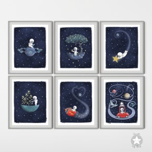 Set of 6 astronaut space themed nursery decor prints, outer space baby pictures, moon and stars wall art, cute kids room printable download