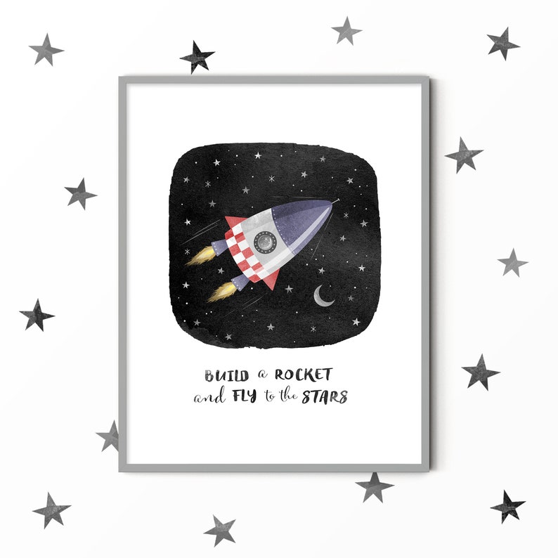 Space Themed Nursery Rocket Ship Moon and Stars Print Etsy