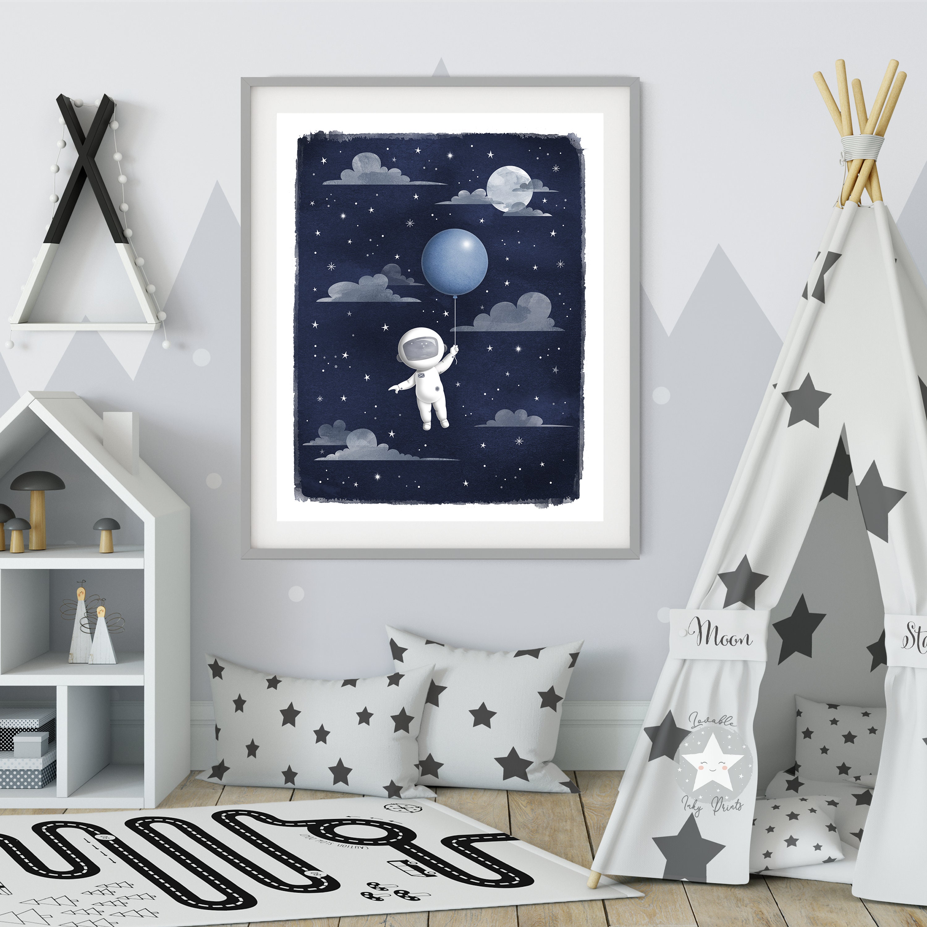 Astronaut in Space Nursery Print, Outer Space Themed Kids Bedroom ...