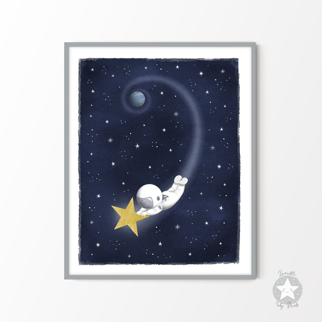 Astronaut Space Themed Nursery Wall Decor, Moon and Stars Print, Navy ...