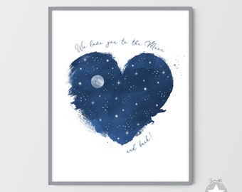 We love you to the Moon and back print, space themed baby nursery decor, moon and stars wall art navy blue watercolor heart DIGITAL DOWNLOAD