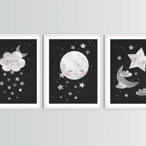Set of 3 printable wall art, Cloud nursery decor, Moon nursery print, Star nursery decor, Monochrome nursery, Space themed nursery,moon face