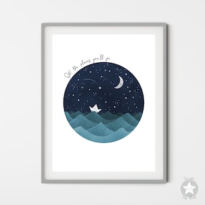Mond und Sterne, maritimes Aquarell Bild, Mond und Sterne, maritimes Aquarell Bild, maritimes Aquarell Bild, sternenklare Nacht, maritimes Bild