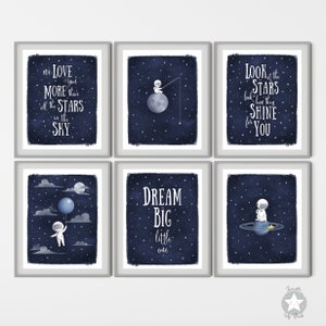 Astronaut Weltraum Poster Druck, Mond und Sterne Poster fürs Kinderzimmer, Sternenklare Nacht Wandbilder, inspirierende Baby Bilder