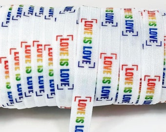 3, 5 o 10 yardas de elástico plegable "Love is Love" de 5/8" (3, 5 o 10 yardas). Elástico Pride cortado a medida con diseño "Love is Love", cinta elástica y arcoíris.