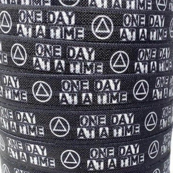 3+ Yards AA- One Day At A Time -White, Black- Fold Over Elastic -Stretchy great for crafts or making hair ties! 5/8" AA, alcoholic anonymous