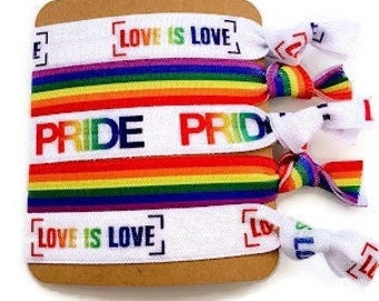 5 piece set -Love Is Love, Pride Hairties /Bracelets - Can send as gift- Great for parade handouts, favors, birthday present, small gift