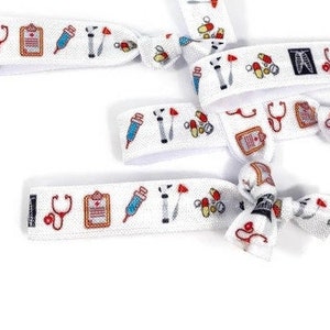 5 or 10 Healthcare Themed Hairties /Bracelets - Great for healthcare gift, wrapping ribbon, appreciation day- cinch free, crease, medical