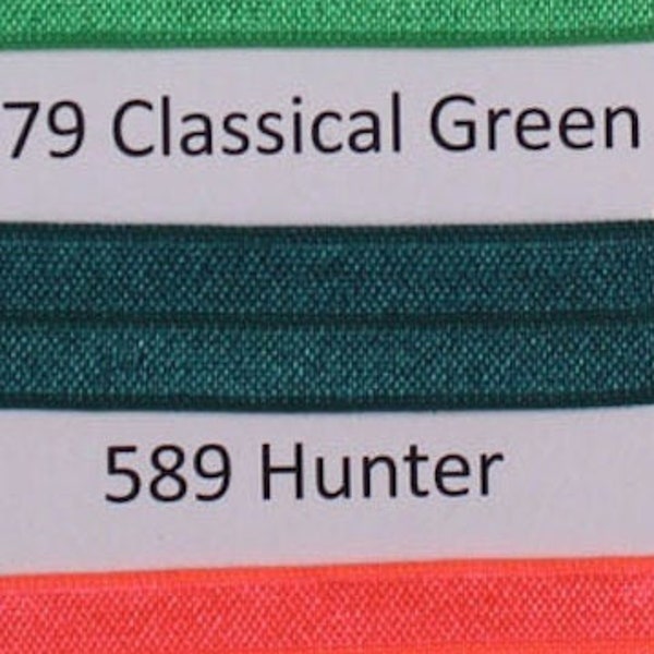 5 or 10 Yards Hunter Green 589 solid, Plain  FOE Fold Over Elastic - 5/8" wide - crafts, embellishments, accent hair ties- dark green