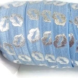 BY THE YARD - Silver Lips- Light Blue Elastic- Fold over elastic, foe, ribbon, stretchy-lip, kiss, kisses- Great for decor, hair ties, party