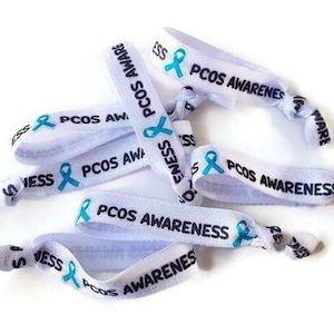 PCOS Arm Band, Bracelet, Hair Ties- Great for gifts or fundraising TIE Polycystic ovary syndrome, teal, awareness, ribbon, white background