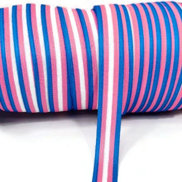 By the Yard - 5/8" Pink Blue White Striped Elastic Ribbon -great for crafts or making hair bows! Stretchy FOE, stripes striped light trans