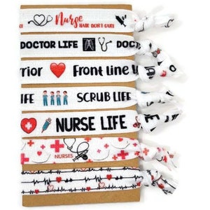 Atención sanitaria: ¡elija su impresión o combinación de impresiones! Pulseras / Corbatas para el cabello -Cabello de enfermera, No me importa, Enfermera Life Doctor Heartbeat Scrub Scrubs RN LPN