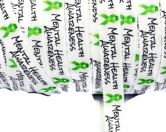 3+ Yards Mental Health Awareness - Fold Over Elastic - Stretchy- great for crafts or making hair ties! 5/8&quot;  headbands, bracelets, green