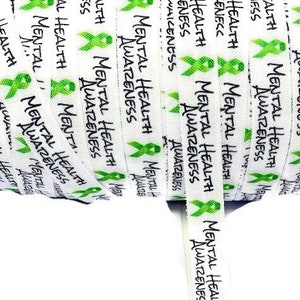 3+ Yards Mental Health Awareness - Fold Over Elastic - Stretchy- great for crafts or making hair ties! 5/8&quot;  headbands, bracelets, green