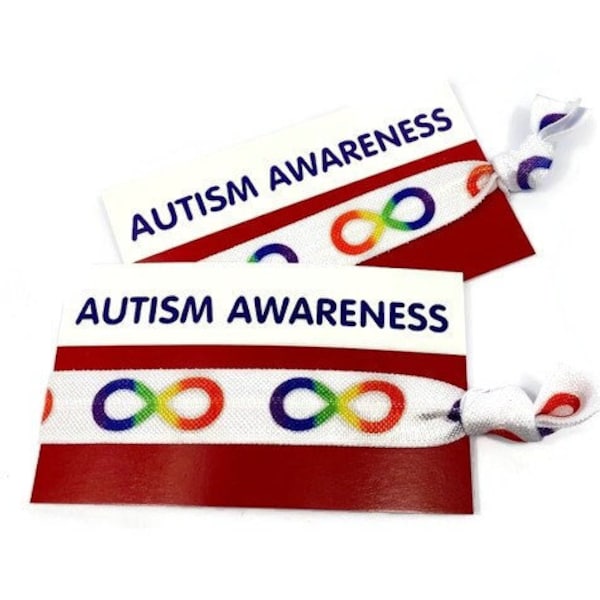 Autism Awareness- Rainbow Infinity Symbol Includes Card w/ Elastic Band, Arm Band, Bracelet, Hair Ties- Great for gifts or fundraising