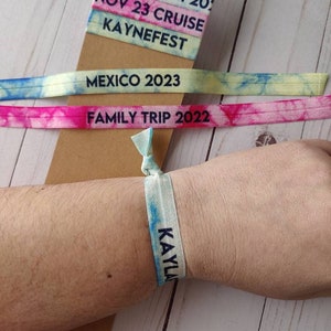 Custom Dyed Hair Ties- Bracelets- wrist bands- 5/8&quot; elastic - Customize tie- pick color and wording- festival, party, concert, vacation,