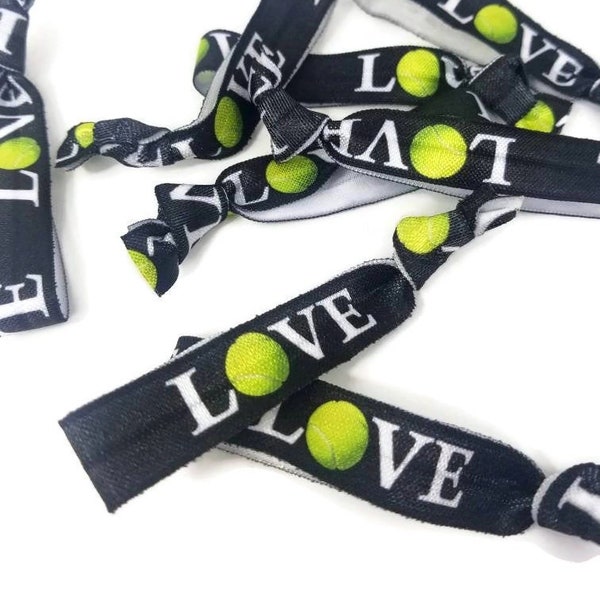 5, 10, 25, or 50 ties- Tennis LOVE Hairties /Bracelets / Arm Bands - Great for team spirit, pep rally, fundraising, Coach, team gift Black