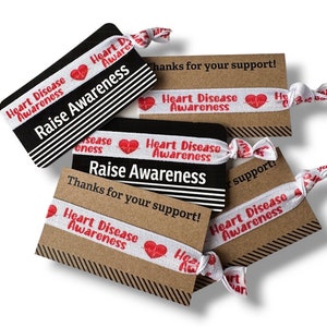 Heart Disease Awareness Raise Support Arm Band, Bracelet, Hair Ties- Great for gifts or fundraising TIE and CARD included pick card