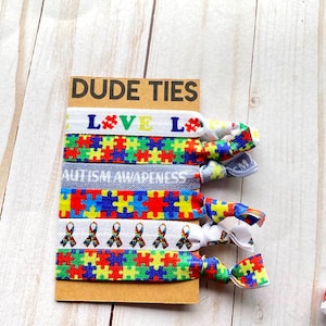 Dude Ties- Wrist bands, bracelets, hair ties- Autism Awareness themed Gift Set- 7 ties- great for awareness month, fidget, to wear, hand out