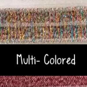 May include: Two samples of elastic fabric. The top sample is a multi-colored iridescent fabric. The bottom sample is a solid burgundy fabric. The text "Multi-Colored" is printed on a black label between the two fabric samples.