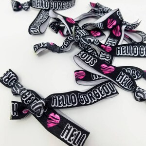 5 o 10 Hello Gorgeous Hair Ties / Pulseras - Bandas - ideales para fidelización de clientes, alquiler, marketing, tarjetas de visita, regalos, eventos