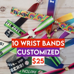 10 Satin Festival Wrist Bands w/clear moveable bead- Bracelets, Hair Ties Wristband Customize font, clipart, background- party, concert