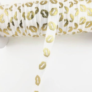 3+ Yards Gold Lips- White Elastic- Fold over elastic, FOE, ribbon, stretchy- 5/8&quot; Wide with foil printed lips. Lip, kiss, kisses, lipstick