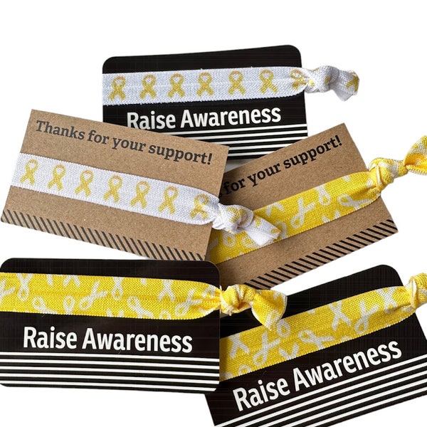 Yellow Ribbon Tie - Raise Awareness Card and/or Raise Awareness w/ Elastic Band, Arm Band, Bracelet- Bone, Sarcoma, cancer, ribbon, July