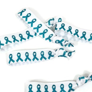 5 or 10 ties Cancer Awareness -Teal and White- Fold Over Elastic - Stretchy- bracelet hair ties elastic bands! 5/8&quot; Ovarian, cervical,