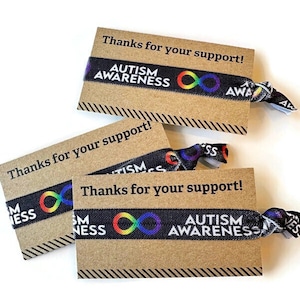 Conciencia del autismo negro Gracias por su apoyo -Tarjeta con banda elástica, brazalete, pulseras para el cabello- Infinito- Ideal para regalos o recaudación de fondos