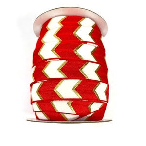 Elastic with Chevron Accents- Gold Foil- Red Fold over elastic, FOE, ribbon, stretch