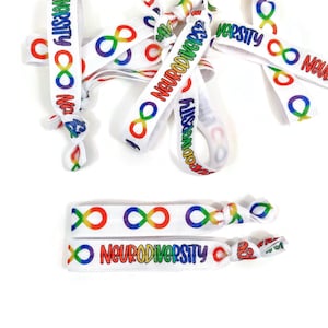 5, 10, or 25 Bracelets / Wrist Bands/ Ties - Rainbow Infinity Hairties /Bracelets- Neuro Diversity, forever love, inclusion, acceptance