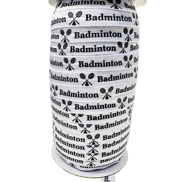 By the yard - Badminton, Fold Over Elastic - Stretchy- great for crafts or making hair ties! White with black- racquet, shuttlecock, birdie