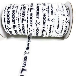 By the yard - Hockey Fold Over Elastic - Stretchy- great for crafts or making hair ties! White with black - skates, puck, sticks