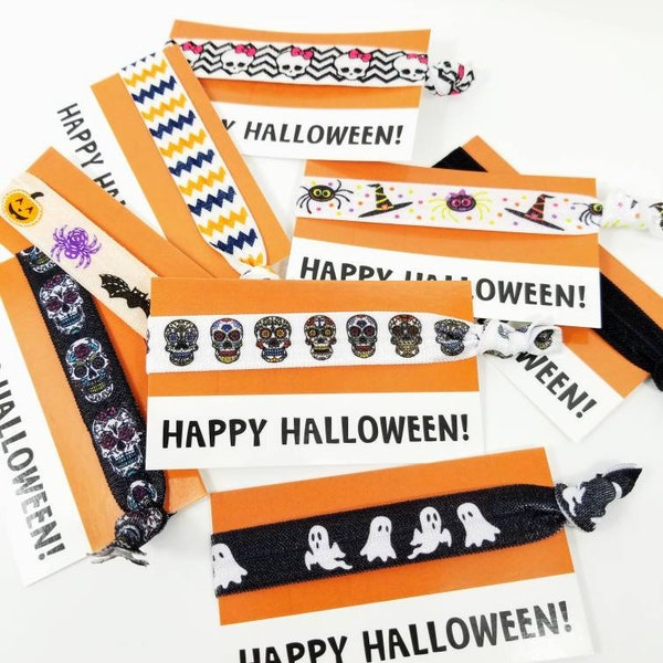 Happy Halloween cards - WITH ties - great for coworker,  friend gifts-hair ties, bracelets, hairtie, bands- trick or treat alternate