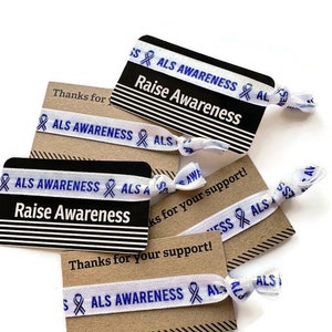 Lazos de concientización sobre ELA: generar conciencia, gracias por su tarjeta de apoyo con pulsera de banda elástica, regalos de lazos para el cabello, cinta, cura, ELA,
