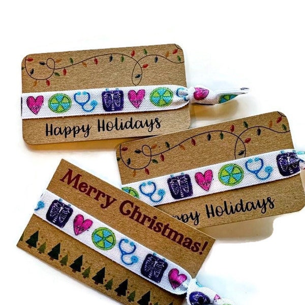 Small Gift or Stocking Stuffer - Happy Holidays card with tie/ bracelet - cute medical theme- doctors office, staff, hospital, assistant