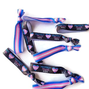 5 or 10 Protect Trans Kids / Youth Bracelets Elastic Bands - Striped  elastic ties - Great for parade handouts, favors, protect trans youth