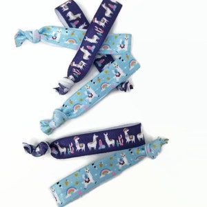 6, or 12 Ties - Llamas Hairties /Bracelets / Arm Bands - gift, birthday party favor, goodie bag cinch free, crease free- navy or aqua or mix