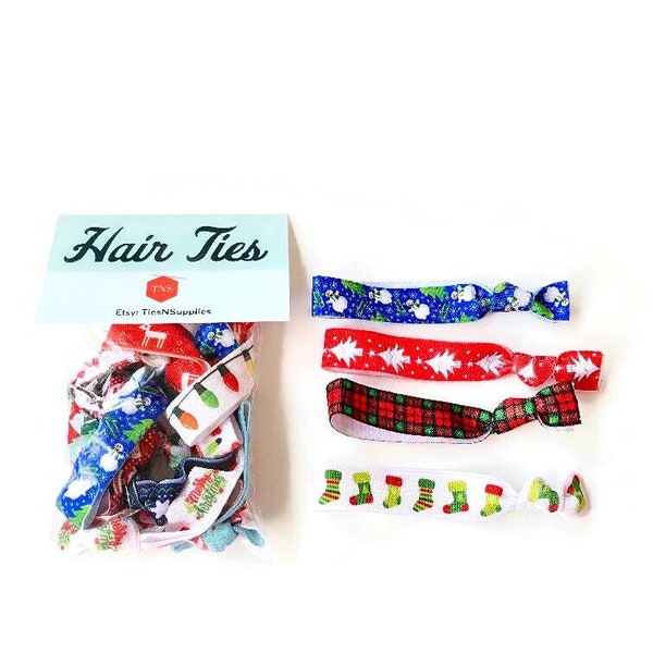 Hair Tie Set 8 ties included Christmas Bracelets, Wrist Band, Hair Elastics- Santa, Snowman, Tree, Lights, Reindeer, flannel  FREE SHIPPING