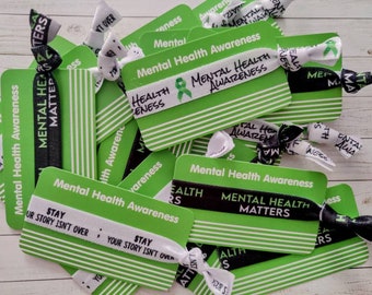 Mental Health tie sets on Mental Health Awareness card green- elastic tie / bracelet- raise awareness, prevention, fundraising, event