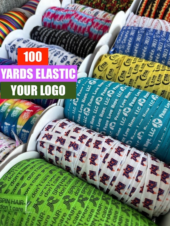 100 Yards Custom Elastic 5/8" fold over elastic stretchy printed w/ your design, wording, or logo Stretchy ribbon, Bright, vibrant, clothing