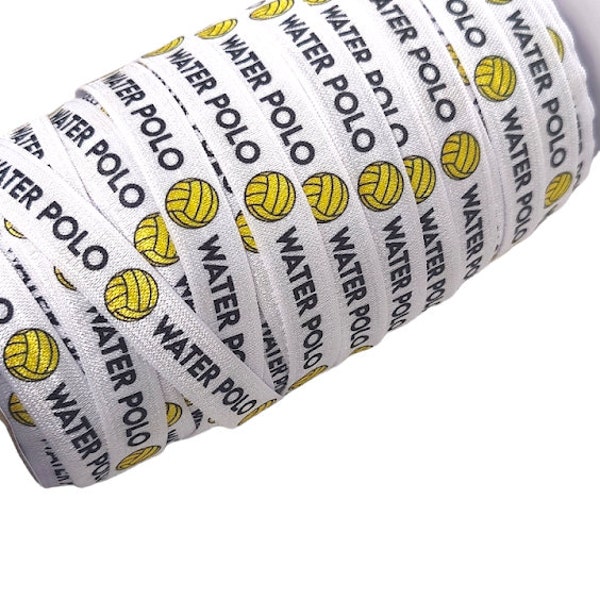 By the yard - Water Polo Fold Over Elastic - Stretchy- great for crafts or making hair ties! White with black yellow ball, pool, team, sport